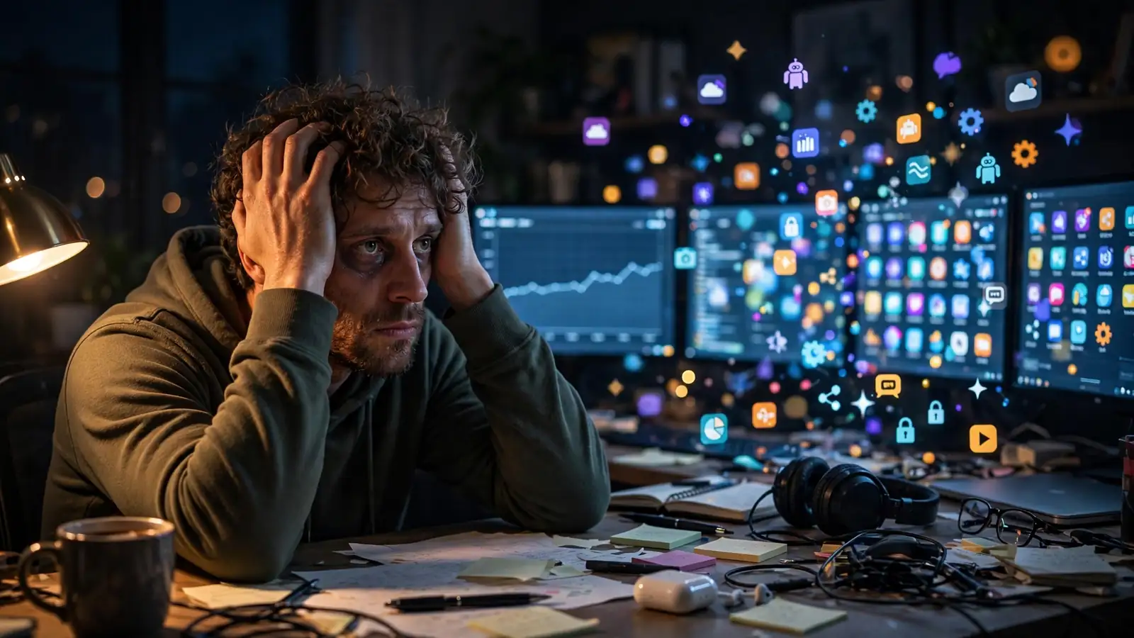 An exhausted founder at a desk at night, surrounded by glowing AI app dashboards, with a flat revenue graph on one monitor