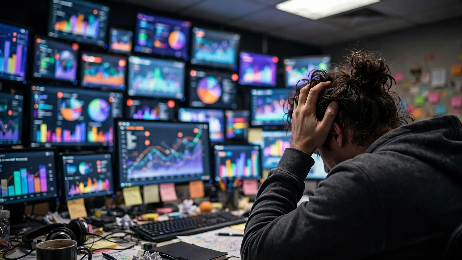 An overwhelmed head of growth surrounded by too many glowing dashboards