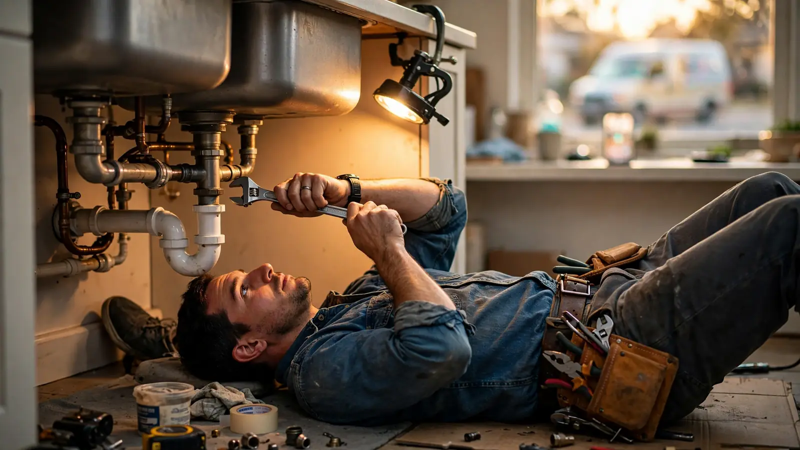 A plumber fixing pipes under a kitchen sink in warm light, with his service van visible through the window