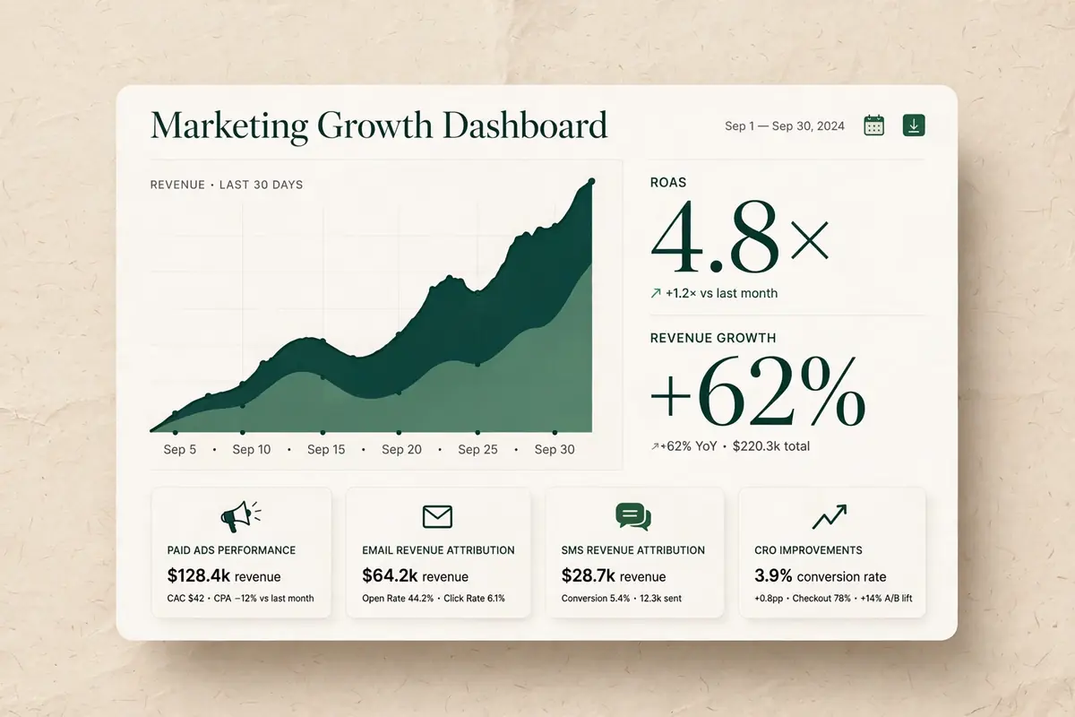 Growth outcome dashboard: revenue climbing, ROAS and email revenue attribution