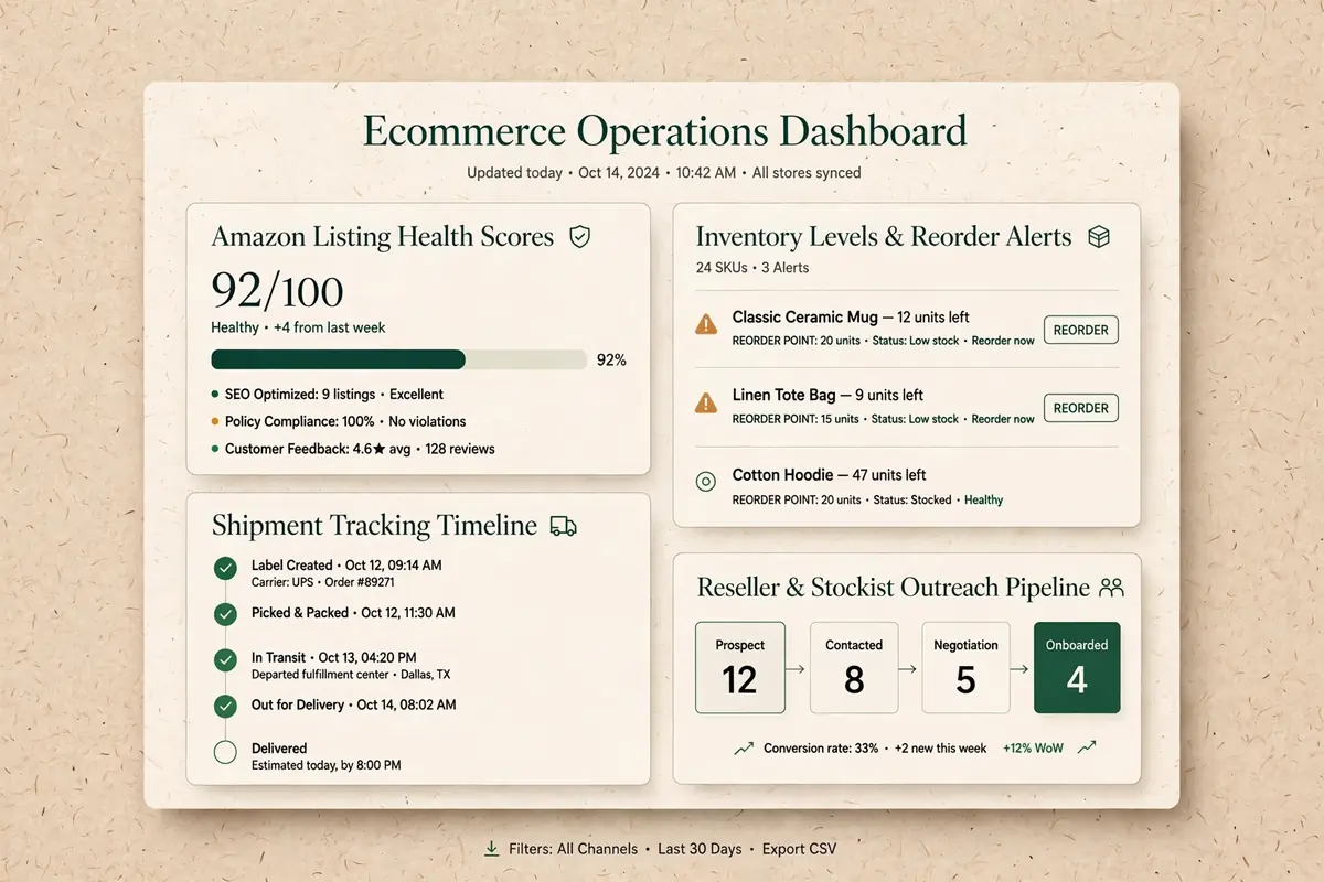 Operations outcome dashboard: listing health, inventory alerts, stockist pipeline